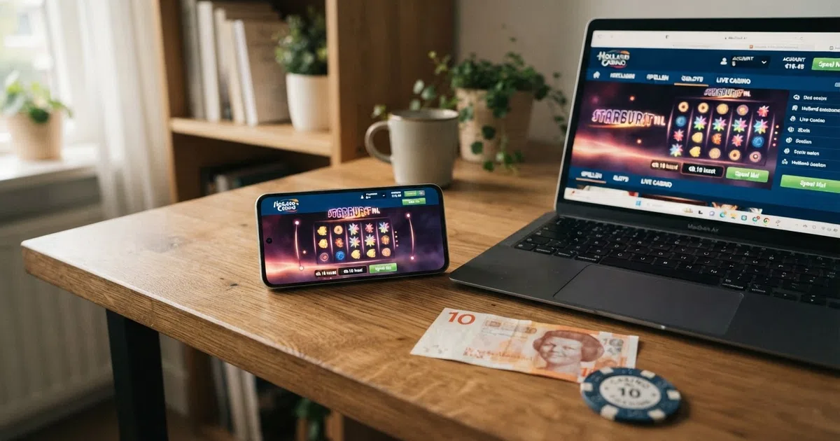 Een smartphone en laptop met daarop de homepages van verschillende online casino's, met daarnaast een Nederlandse pinpas en een biljet van €10