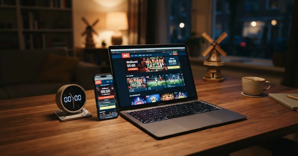 Een laptop en smartphone naast elkaar met daarop de interfaces van twee Nederlandse online casino's, met een klok die 00:00 aangeeft op de achtergrond