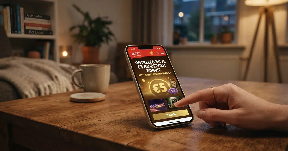 Een smartphone met een Nederlands online casino-scherm waarop een bonusaanbod van €5 zonder storting staat