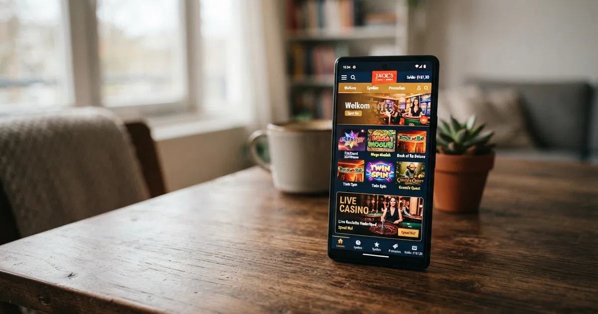 Een Android-smartphone met het startscherm van een Nederlandse casino-app, met zichtbare gokkasten en een live casino-tegel