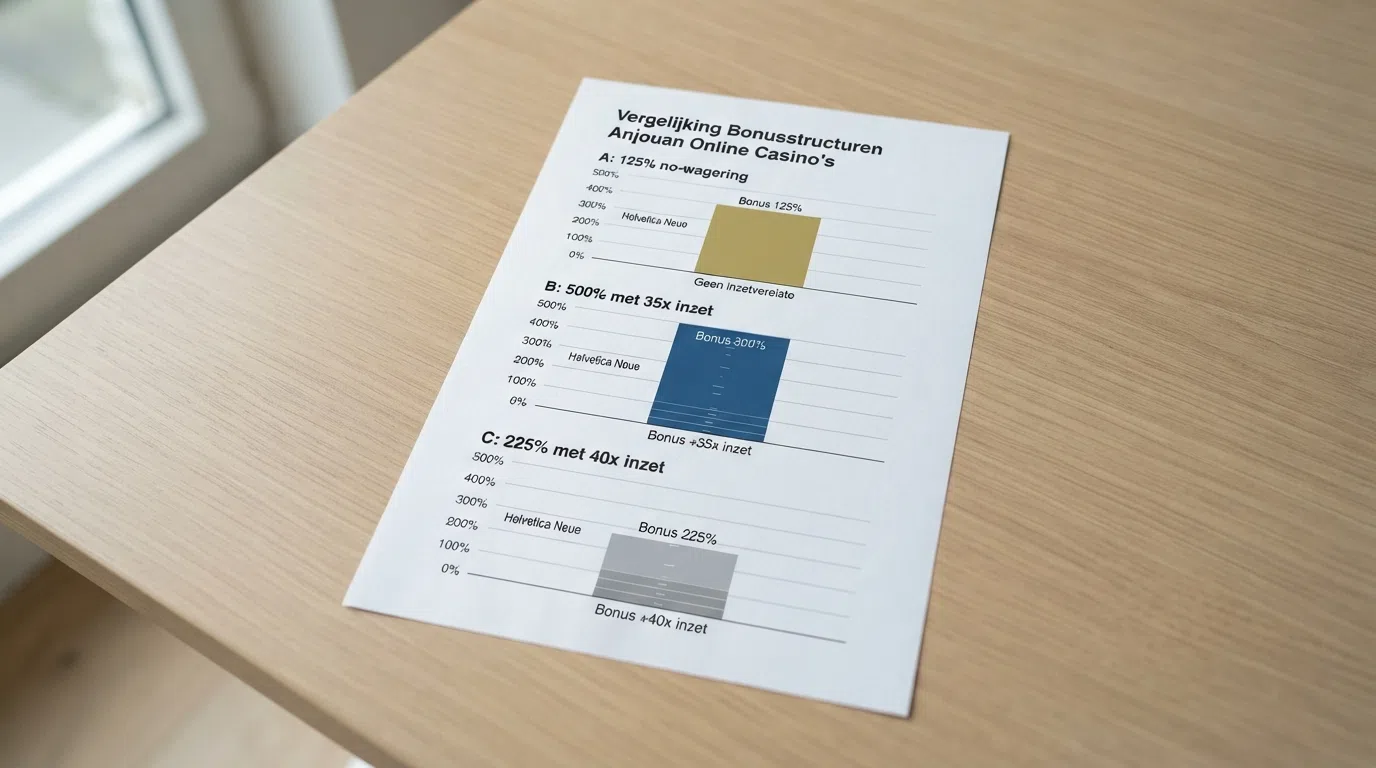 Drie gestapelde staafdiagrammen die tonen: 125% no-wagering naast 500% met 35x inzet naast 225% met 40x inzet