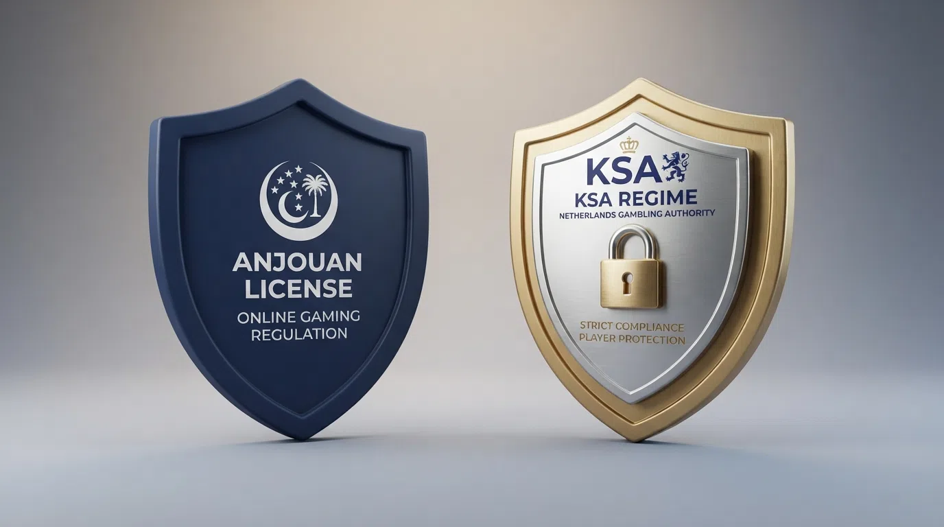 Twee kolommen met protectie-symbolen: links een enkel schild voor Anjouan, rechts een gelaagd vangnet van schild-plus-slot-plus-bel voor KSA