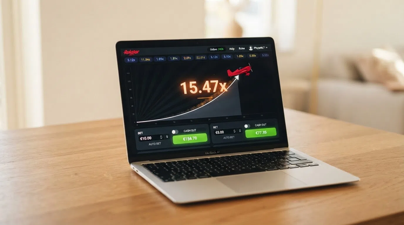 De spelinterface van Aviator met de stijgende multipliergrafiek, de twee inzetvakken onderin en het vliegtuigje dat elk moment kan wegvliegen
