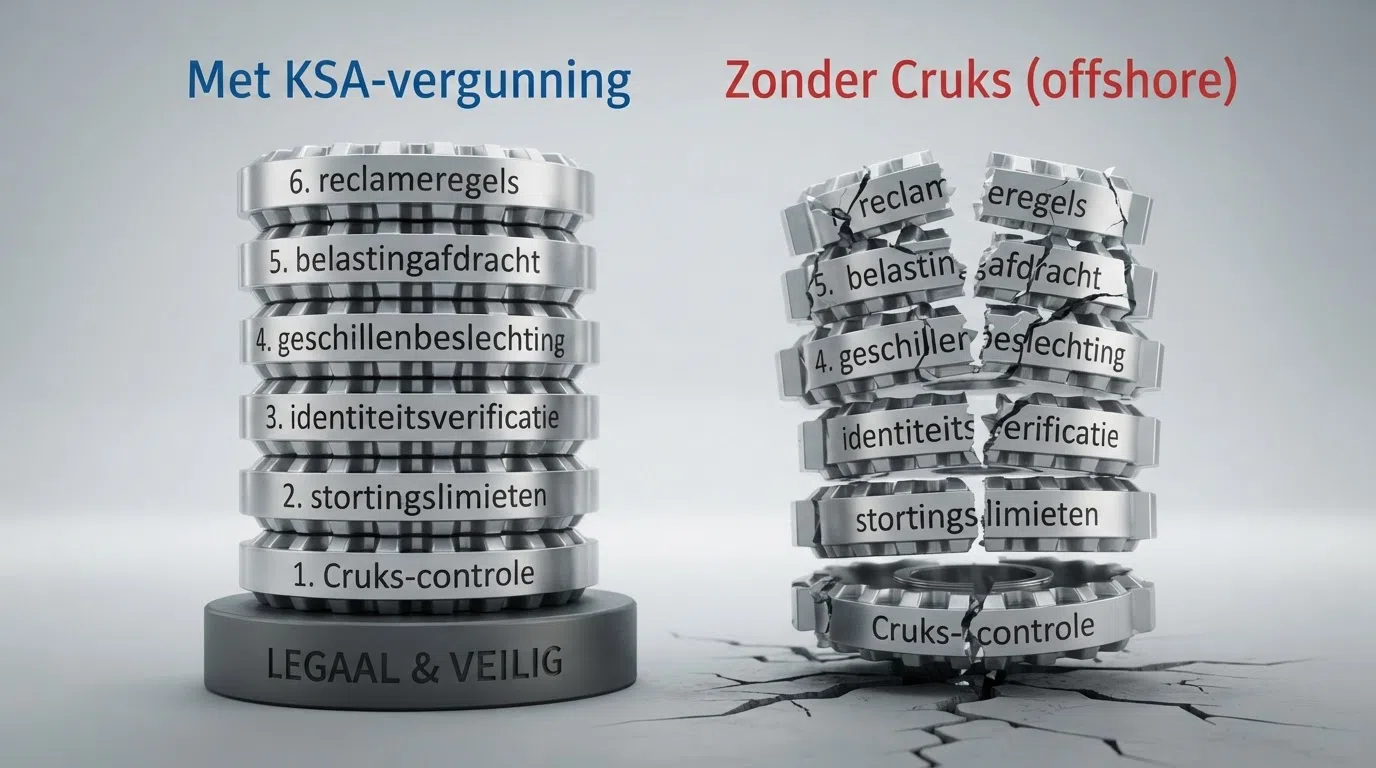 Een visuele vergelijking van twee kolommen: links de bescherming van een legaal KSA-casino, rechts het ontbreken daarvan bij een casino zonder Cruks