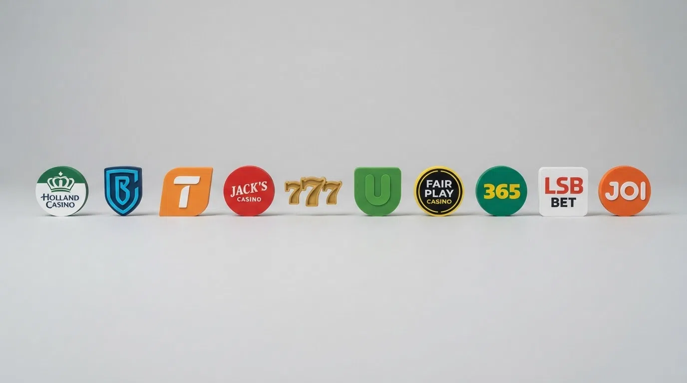 Een overzicht van de logo's van de 10 onderzochte Nederlandse online casino's met KSA-vergunning, gerangschikt in een vergelijkingstabel