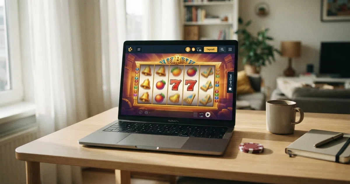 Interface van een bitcoin casino op een laptopscreen met cryptovaluta-stortingsopties, een slots-pel en een BTC-saldo in beeld