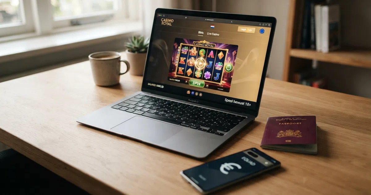 Een laptop met daarop de homepage van een buitenlands online casino, met daarnaast een Nederlands paspoort en een smartphone met een slot-spel erop.