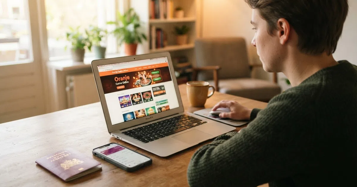 Een Nederlandse speler kijkt naar een vergelijkingspagina van buitenlandse online casino's op een laptop, met een Nederlands paspoort en een telefoon met iDEAL-app ernaast op tafel