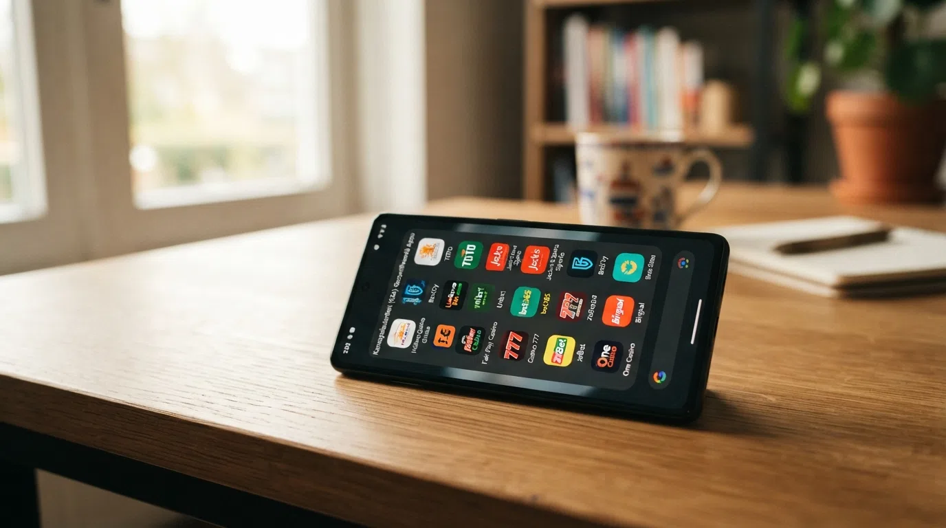Een overzicht van meerdere Nederlandse casino-app-iconen op een Android-telefoon, met sterbeoordelingen zichtbaar