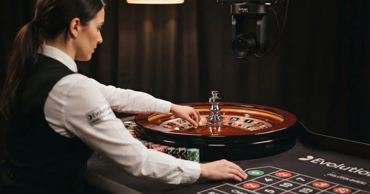 Een live dealer aan een Evolution Gaming-roulettetafel in een professioneel verlichte studio met cameraposities zichtbaar