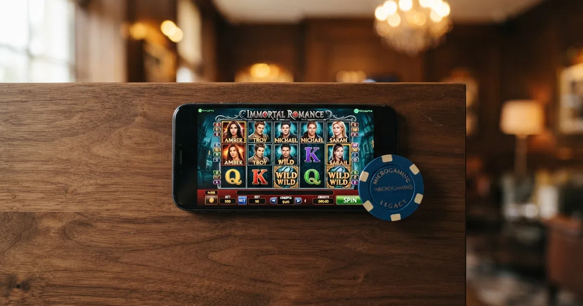 Het logo of de interface van een Microgaming-casino op een desktop- en mobielscherm, met slots in beeld