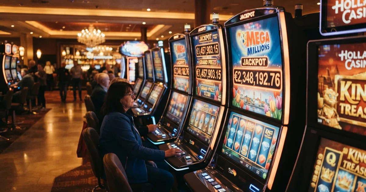 Een rij kleurrijke progressieve jackpot gokkasten met zichtbare jackpot-tellers in het Nederlands