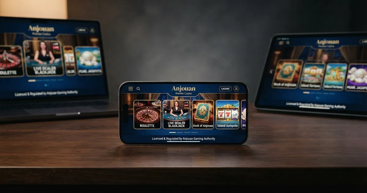 Schermafbeeldingen van drie online casino-lobby's met in elke footer het Anjouan-licentielogo uitgelicht