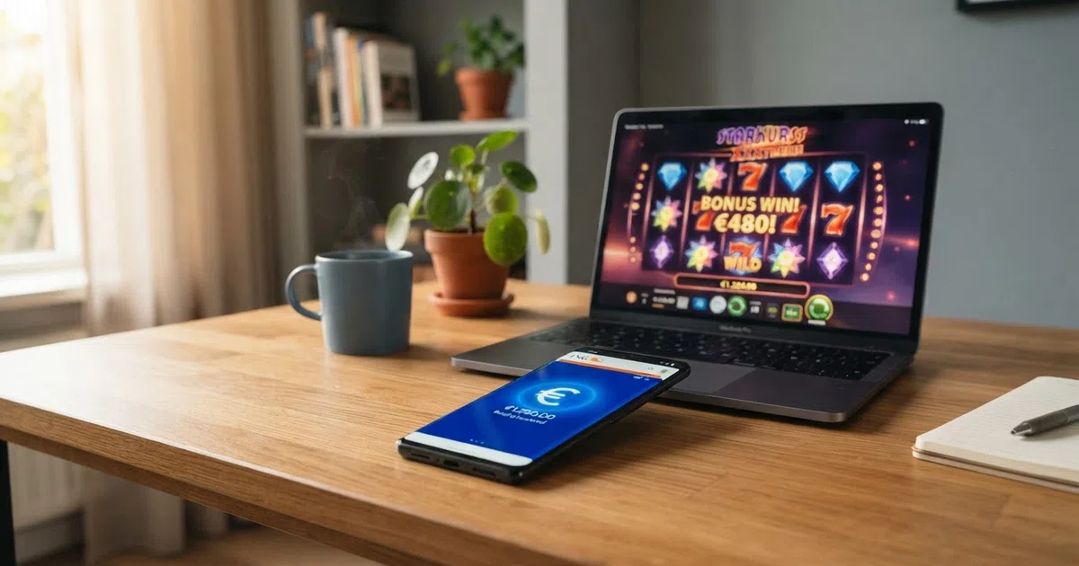 Een Nederlandse speler die zijn telefoon vasthoudt met het iDEAL-betaalscherm zichtbaar, naast een laptop met een online casino-interface op de achtergrond.