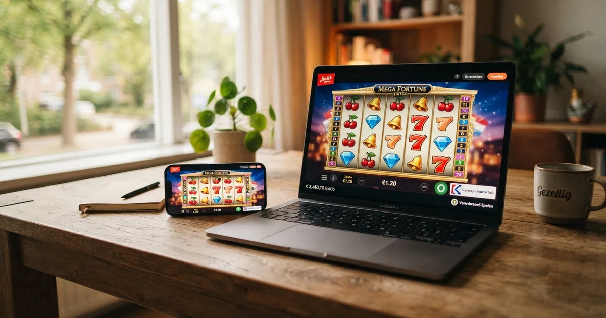 Een verzameling online gokkasten op het scherm van een laptop en smartphone, met het KSA-logo zichtbaar als keurmerk