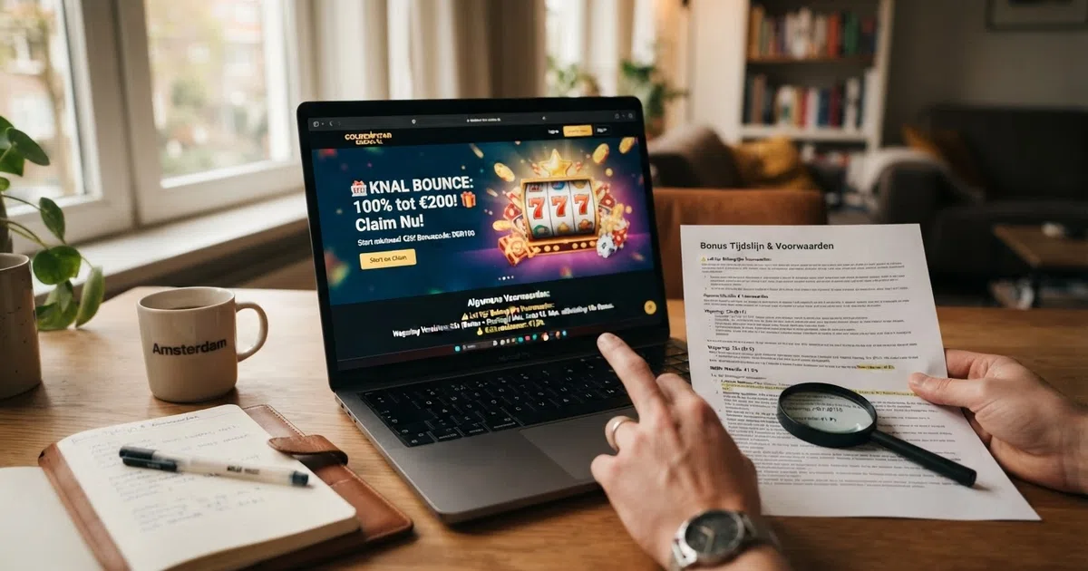 Een Nederlands online casino op een laptopscherm met een reload-bonusaanbieding, een bonuskalender en de tekst van de bonusvoorwaarden ernaast uitgelicht.