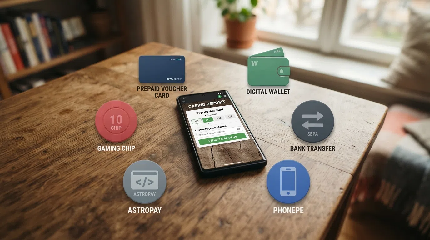 De herkenbare logo's van iDEAL, Paysafecard, Skrill, Neosurf, Trustly, Apple Pay en cryptowallets, gegroepeerd rond een scherm met een stortingspagina van €10