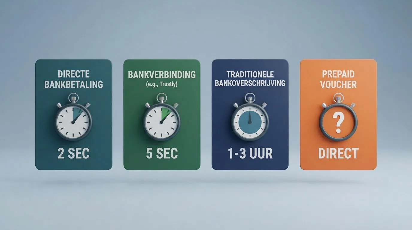 De vier belangrijkste betaalmethoden voor Nederlandse online casino's naast elkaar: iDEAL, Trustly, bankoverschrijving en contant geld, met een stopwatch die de verwerkingstijd per methode visualiseert
