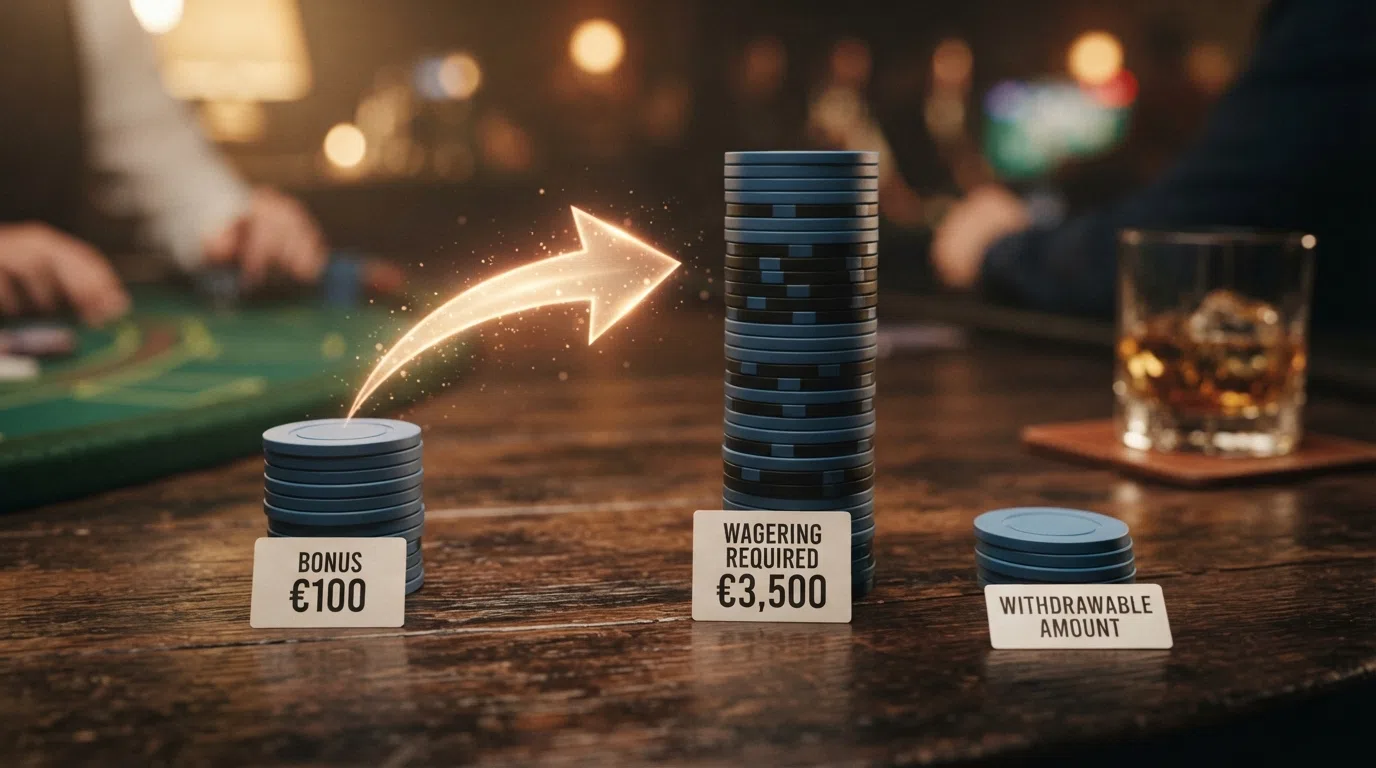 Een rekenvoorbeeld visueel gemaakt: een stapel fiches van €100 met een pijl naar €3.500 aan inzet, met daarnaast een kleiner stapeltje dat overblijft — wat de speler écht kan opnemen