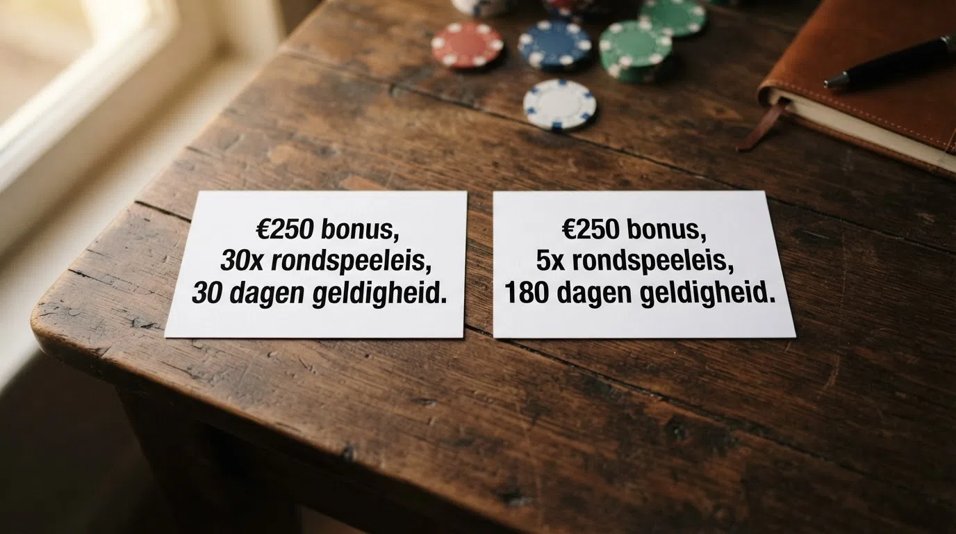 Twee bonuskaarten naast elkaar: links een bonus van €250 met 30x rondspeeleis en 30 dagen geldigheid, rechts dezelfde bonus met 5x en 180 dagen — de lezer ziet in één oogopslag het verschil