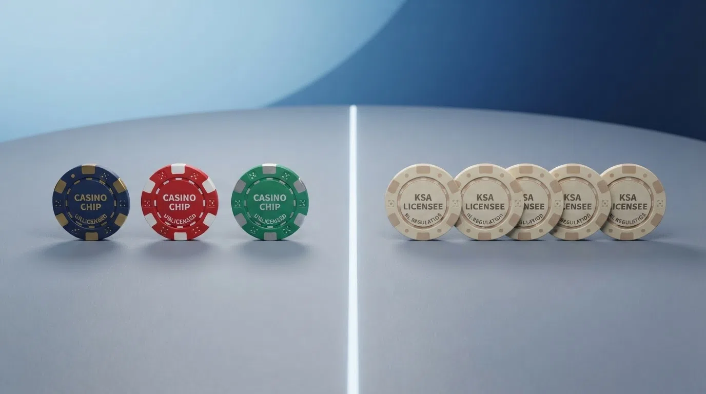 Een visuele splitsing tussen drie offshore casino's en zeven KSA-vergunde aanbieders in een vergelijkend overzicht