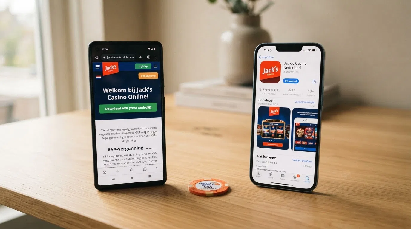 Een smartphone met het downloadscherm van een casino-app en de browser-versie ernaast