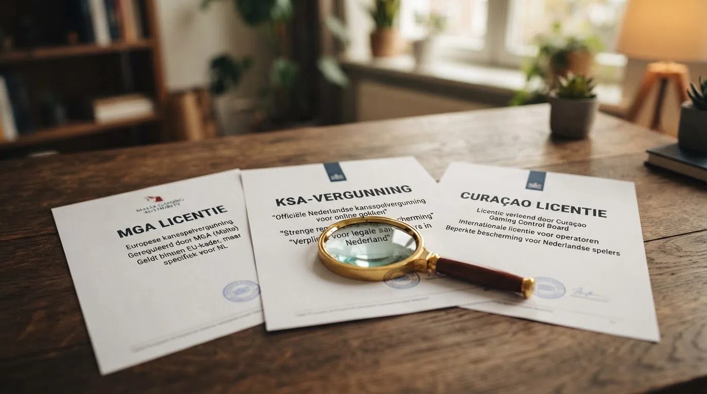 Drie documenten met een vergrootglas: een KSA-vergunning, een Curaçaose licentie en een MGA-licentie, naast elkaar.