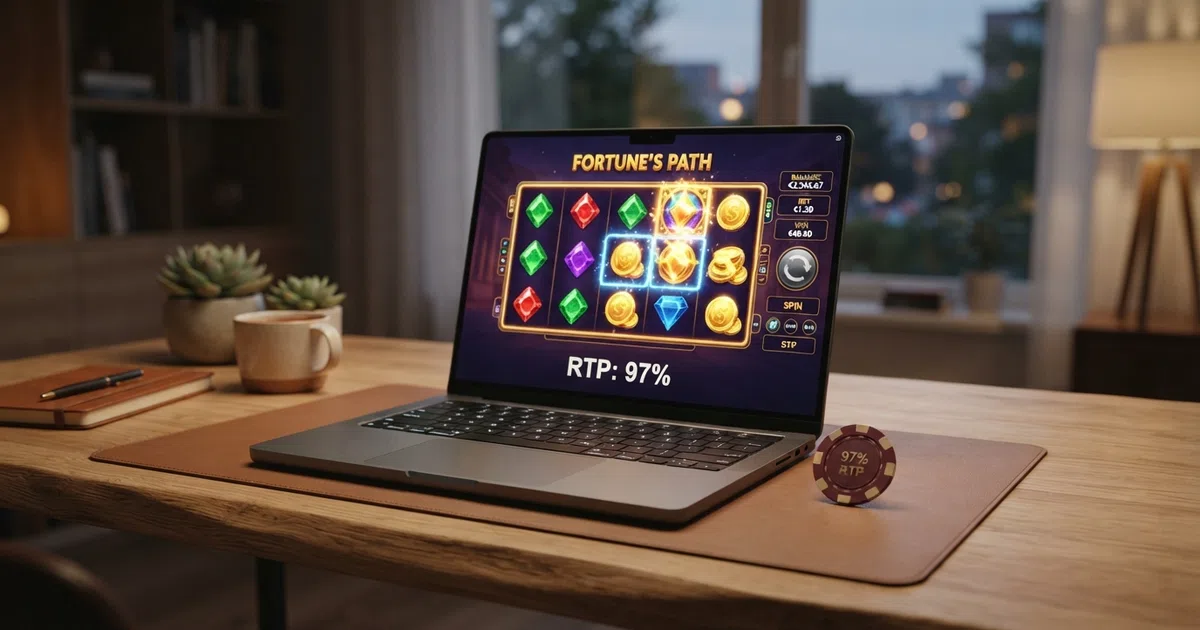 Een online casino-interface op een laptopscherm met zichtbare gokkasten en een uitbetalingspercentage in beeld