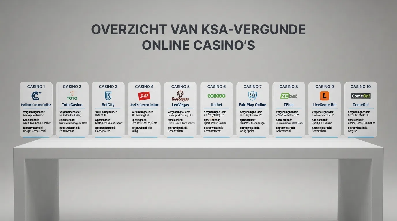 Een overzichtelijke vergelijkingstabel met tien online casino's, hun licentiestatus, bonusaanbod en kenmerkende eigenschappen naast elkaar