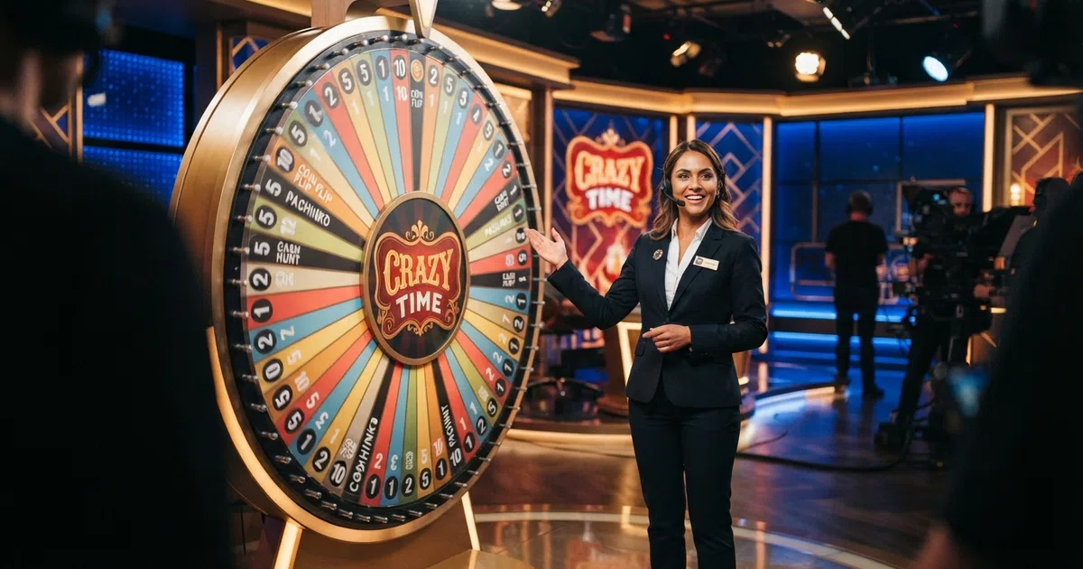 Het Crazy Time-studiowiel met de live dealer in een uitbundig verlichte Evolution Gaming-studio, de 54 segmenten zichtbaar op het rad en de Top Slot multiplier bovenin beeld