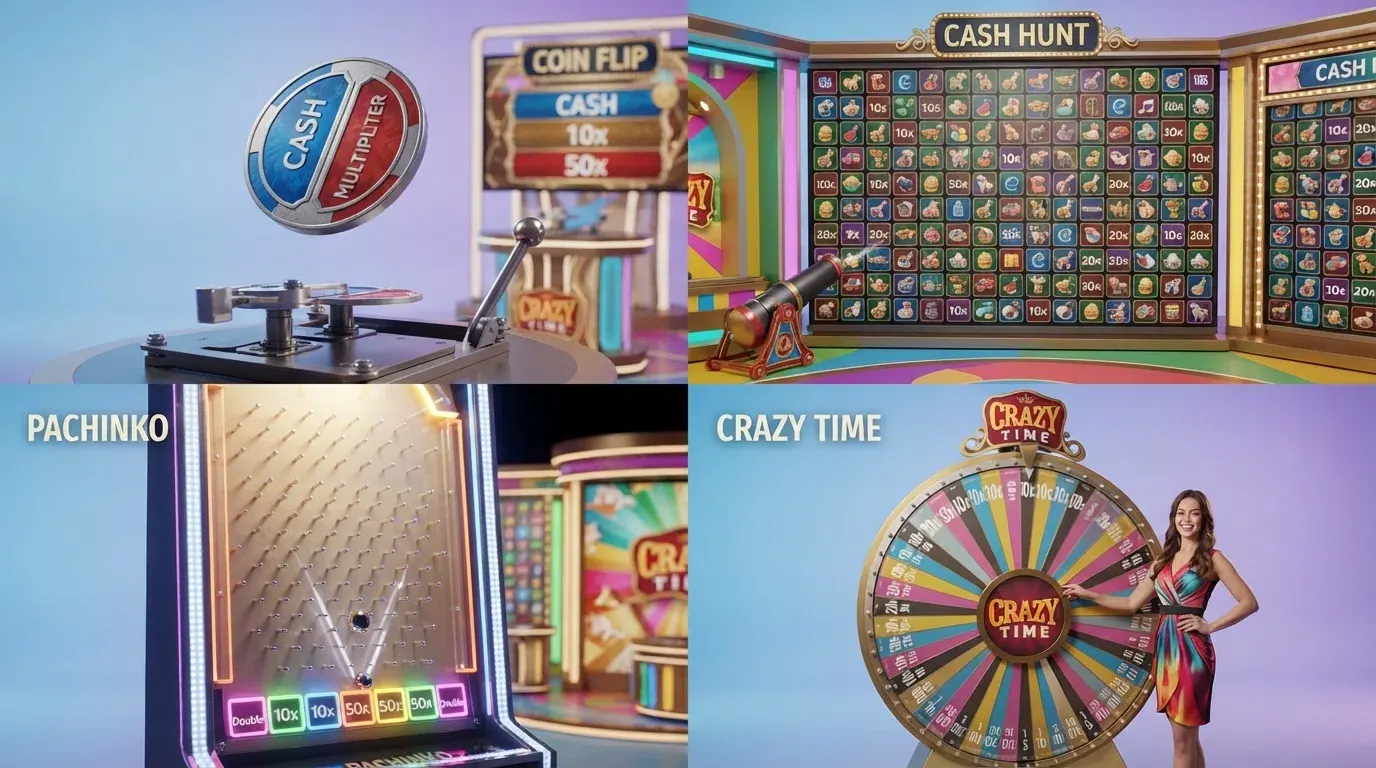 Montage van de vier Crazy Time-bonusspellen: het Coin Flip-muntdoel, het Cash Hunt-schietscherm, de Pachinko-prijsmuur en het Crazy Time-bonusrad met de dealer ervoor