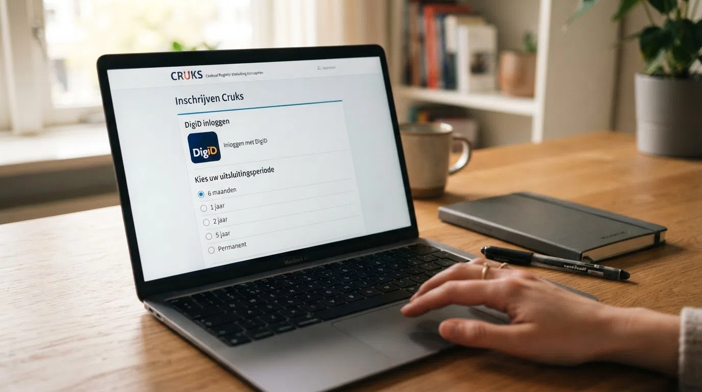 Het scherm van de Cruks-registratiepagina op een laptop, met het DigiD-logo en de keuzeopties voor uitsluitingsduur zichtbaar