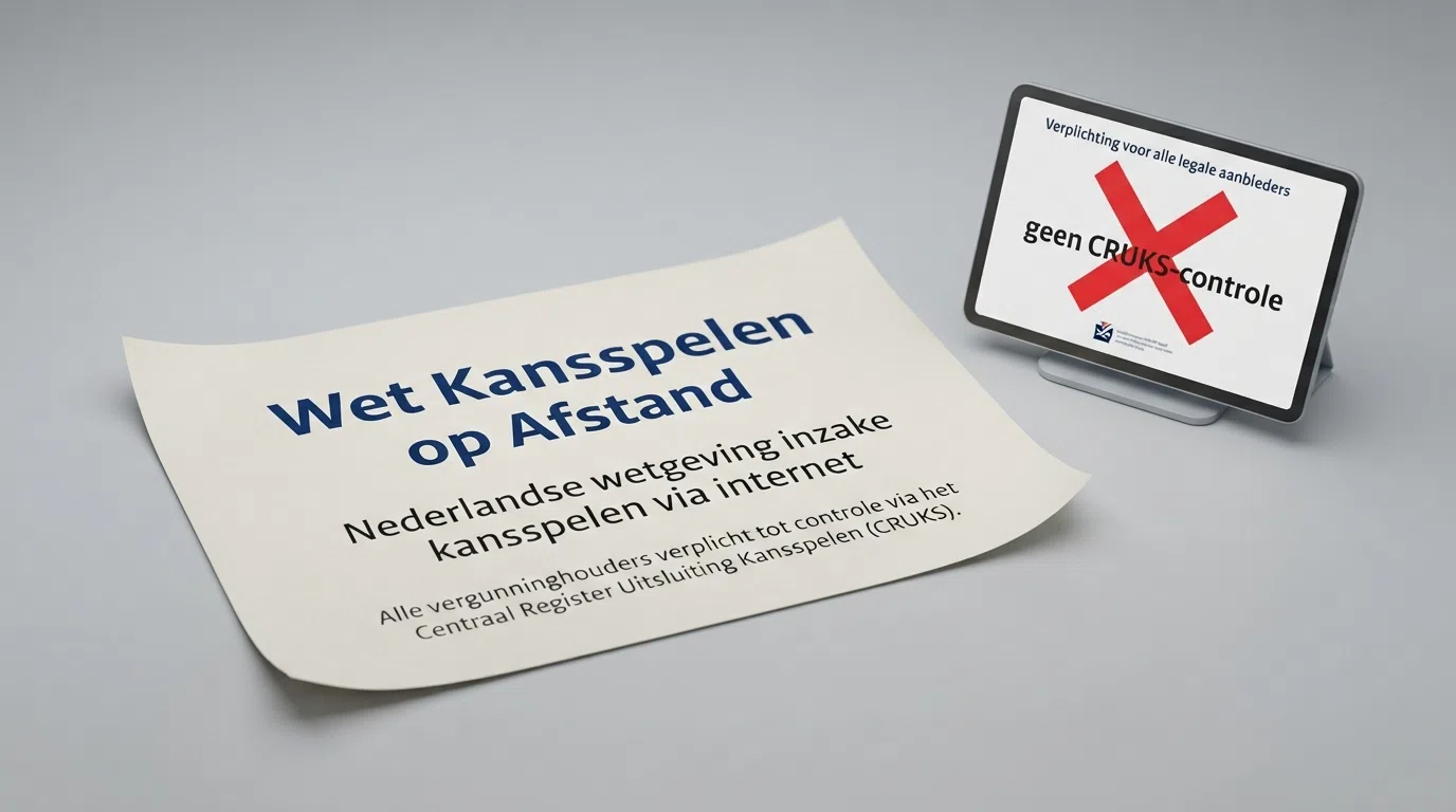 Een close-up van een officieel ogend document met het KSA-logo en de titel “Wet Kansspelen op Afstand” zichtbaar, naast een scherm met daarop een rood kruis door de woorden “geen CRUKS-controle”.