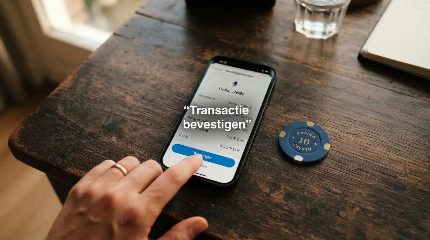Een crypto-walletinterface met transactiebevestiging, geen identiteitsdocumenten in beeld, blockchain-transactie-ID's zichtbaar op de achtergrond