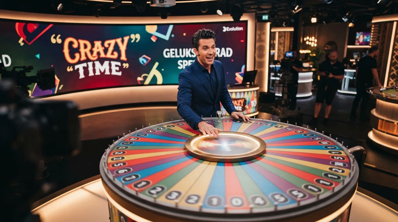 Het Crazy Time-spelwiel van Evolution Gaming met kleurrijke segmenten, een live presentator en een digitale vermenigvuldiger boven het wiel