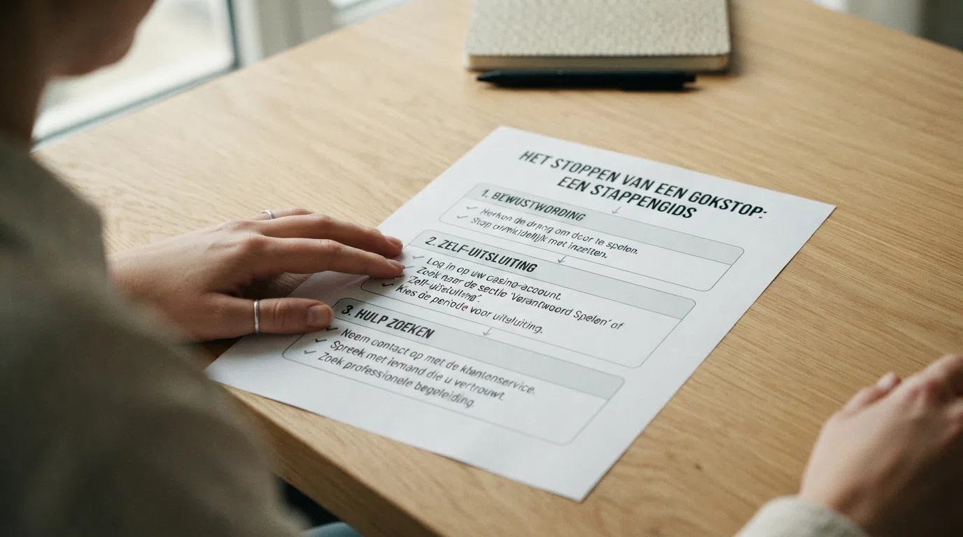 Een stappenschema van de opzeggingsprocedure: DigiD-inlog, dashboard, knop 'gokstop beëindigen', bevestigingsscherm en een klok die 8 dagen aftelt