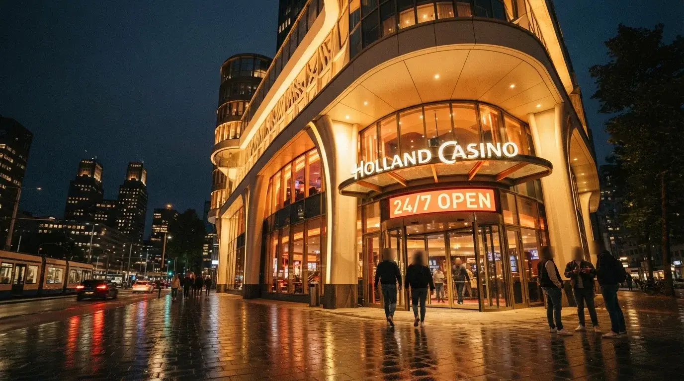 De verlichte voorgevel van Holland Casino Rotterdam in de avond, met het 24/7-open bord zichtbaar bij de entree