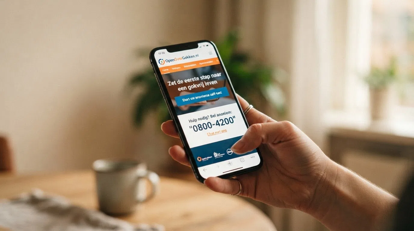 De homepage van OpenOverGokken.nl op een smartphone, met de zelftestknop en het 0800-nummer duidelijk zichtbaar