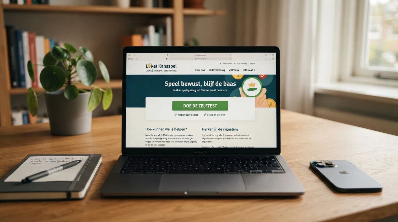 Een scherm met de homepage van Loket Kansspel met de zelftest-knop prominent in beeld