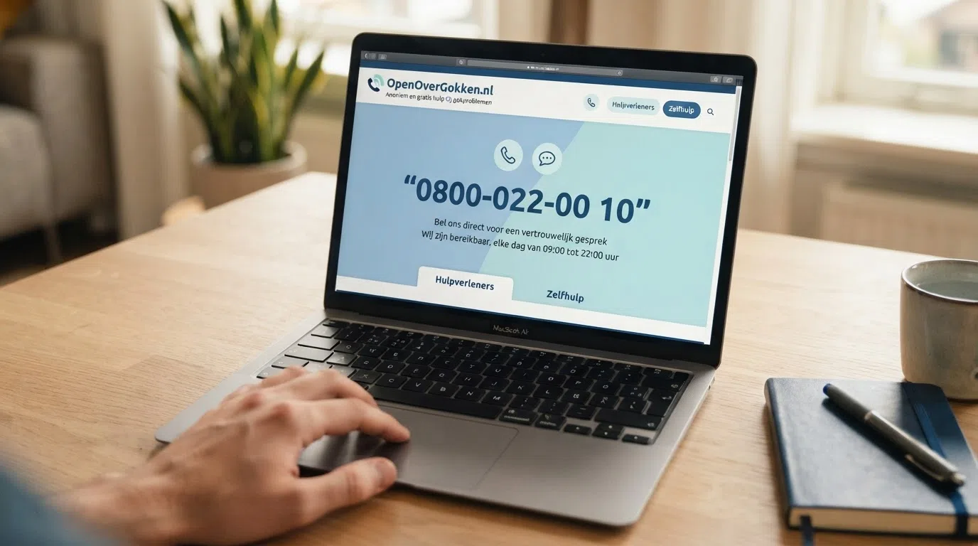 Het startscherm van OpenOverGokken.nl op een laptop, met de hulplijn 0800-022-00 10 zichtbaar en een doordachte, kalme uitstraling