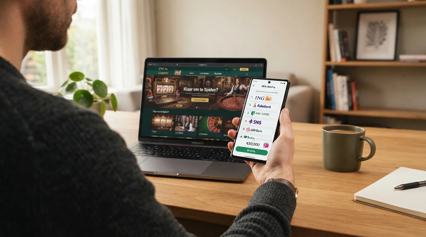 Het iDEAL-logo naast de logo's van de grootste Nederlandse banken — ING, Rabobank en ABN AMRO — in een casino-omgeving.