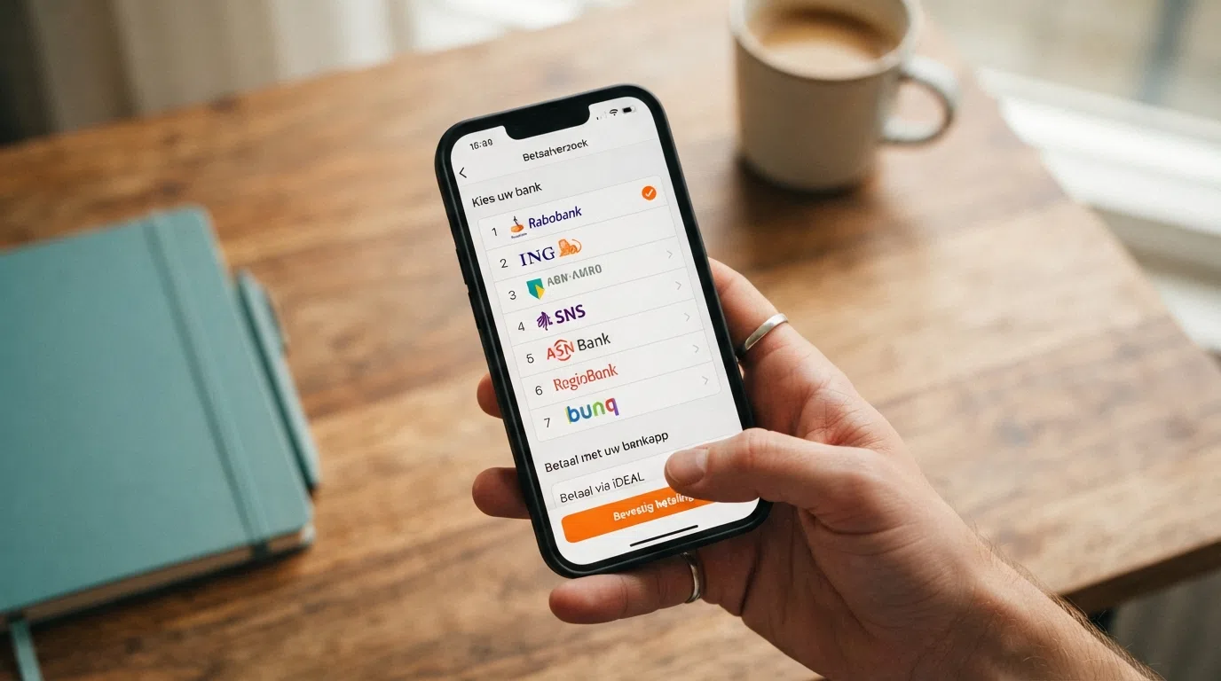 Een smartphone met het iDEAL-betaalscherm naast het Trustly-logo, met Nederlandse bankopties zichtbaar