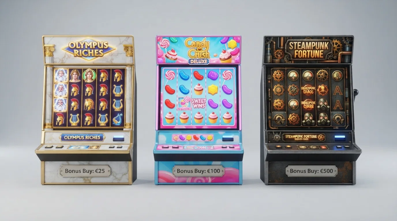 Een raster van drie internationale slots (Gates of Olympus, Sweet Bonanza, San Quentin xWays) met hun bonus buy-kosten onder elke titel