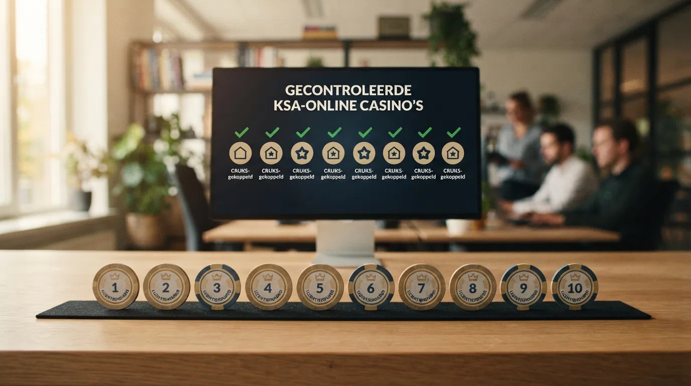Een raster van tien casino-logo's op een rij, elk met een groen vinkje en de tekst “CRUKS-gekoppeld” eronder, tegen een neutrale achtergrond.