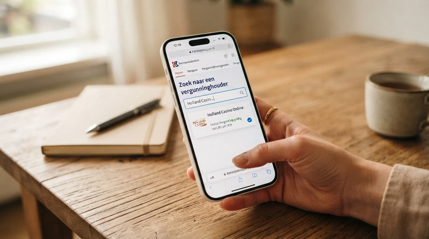 De homepage van de Kansspelwijzer op het scherm van een smartphone, met de zoekbalk waarin een casinonaam wordt ingetypt en het resultaat dat de vergunningstatus toont.