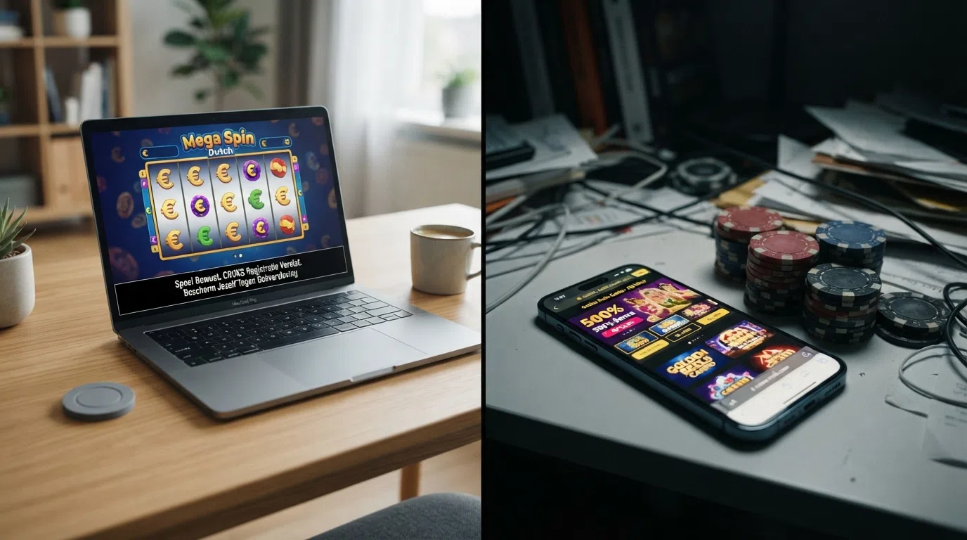 Een split-screen: links het KSA-logo en een slot met CRUKS-melding, rechts een anoniem offshore-casino zonder keurmerk