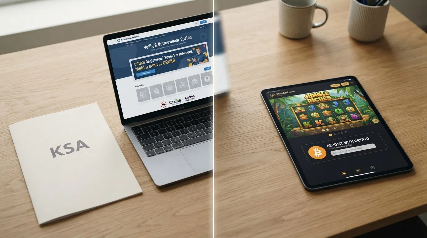Een splitscreen: links het KSA-logo en een Nederlands casino met CRUKS-verwijzing, rechts een anoniem buitenlands casino met cryptologo's