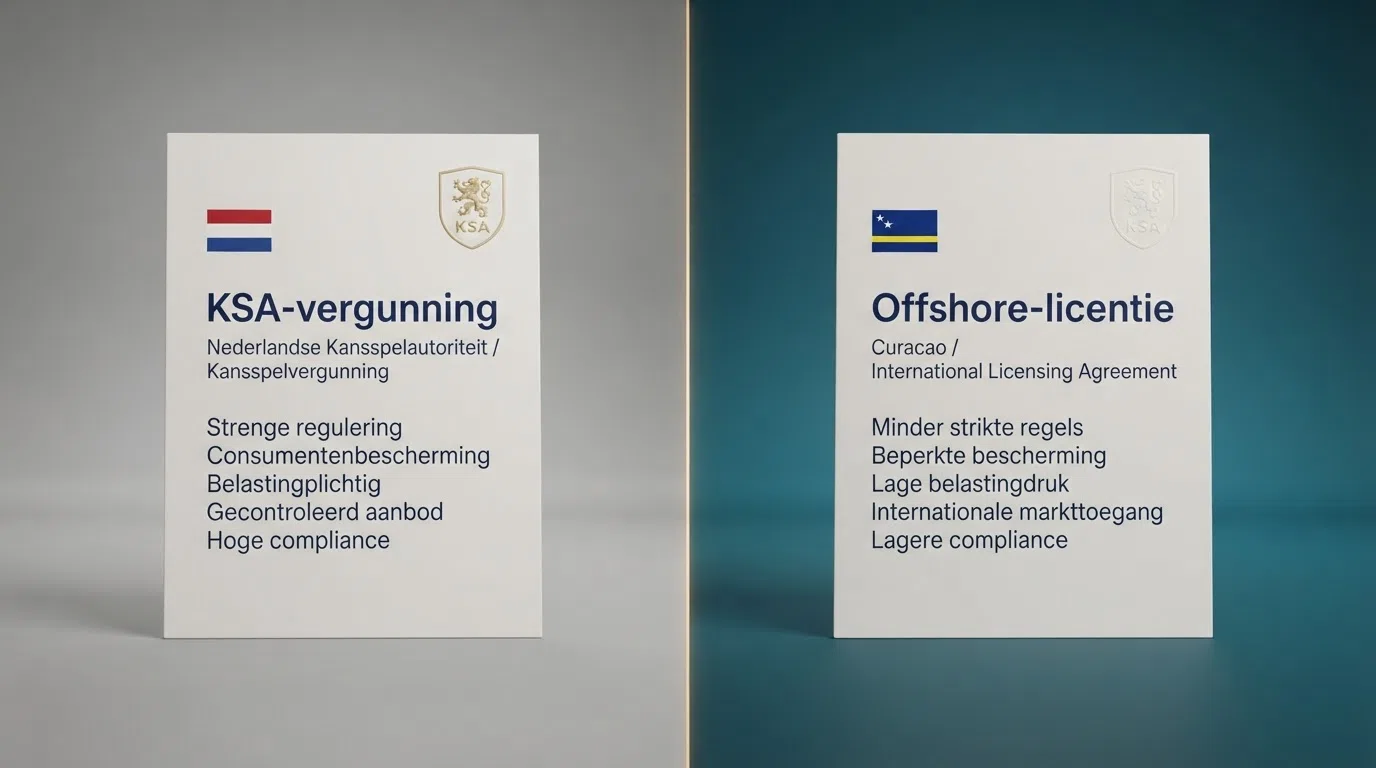 Een zij-aan-zij-vergelijking van het KSA-keurmerk en een offshore-licentiecertificaat, met het Nederlandse en Caribische rechtsgebied visueel gescheiden