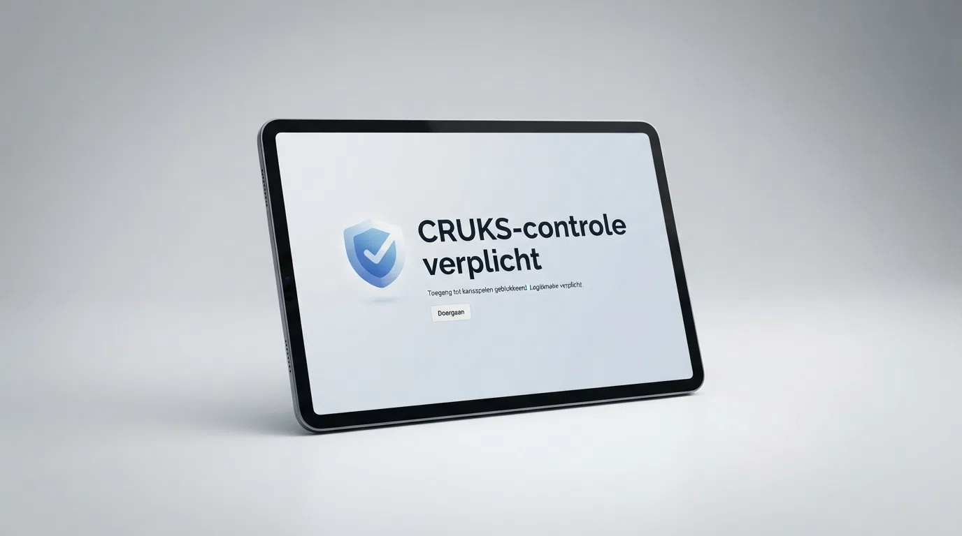 Het logo van de Kansspelautoriteit naast een scherm dat CRUKS-controle verplicht toont met het Nederlandse wapenschild