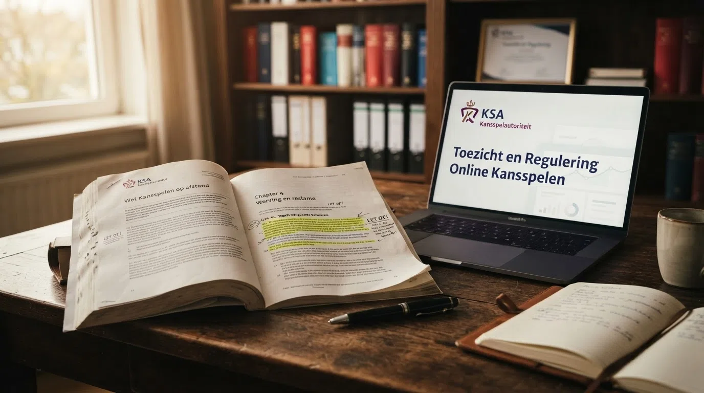 Het logo van de Kansspelautoriteit naast een open wettekst met een markeerstift op het artikel over bonusbeperkingen.
